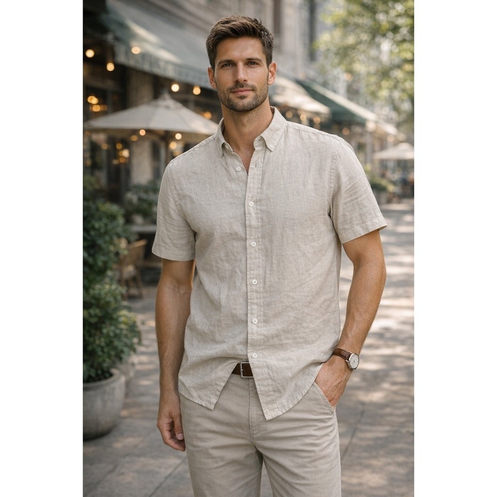 Vustra Linen Cotton Button‎ Up Shirt Men XL Beige Short Sleeve